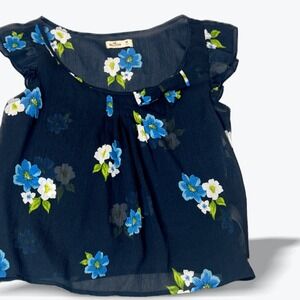 Hollister Navy Blue Floral Ruffle‎ Sleeve Sheer Blouse Womens  Medium